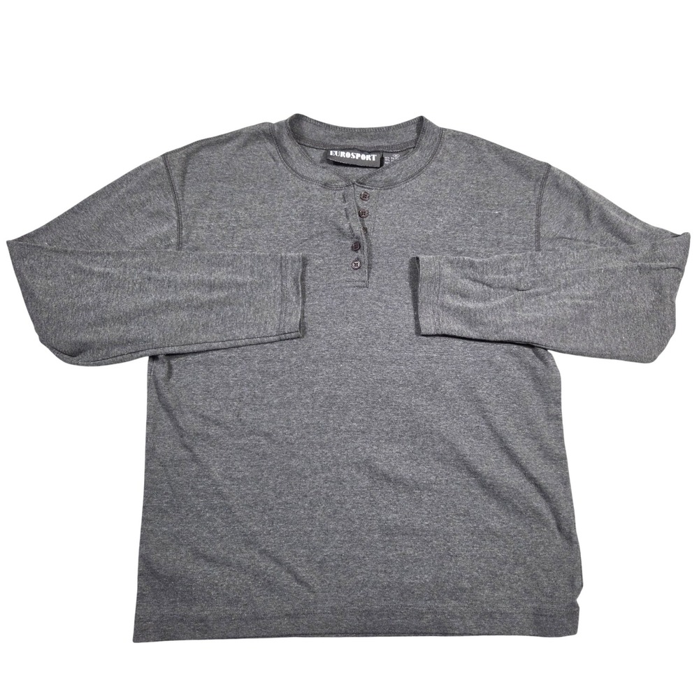 Vintage Eurosport Mens Long Sleeve Henley Shirt Gray Button Neck Medium Casual